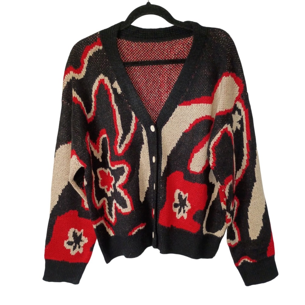 Vintage Abstract Floral Knit Cardigan Sweater Black Red Cream Size Large